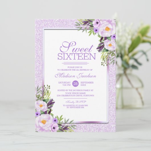 Trendy Glitter Paarse Floral Sweet 16 Party Kaart (Staand voorkant)