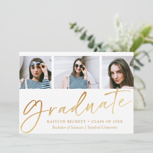 Trendy Gold Foil Script 3 Foto Afstuderen Aankondiging (Staand voorkant)