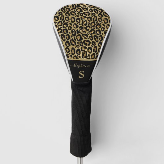 Trendy Gold Glitter Leopard Animal Print Monogram Golfheadcover (Voorkant)