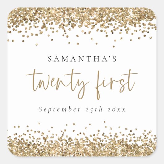 Trendy Gold Glitter Name Date 21e Vierkante Sticker (Voorkant)