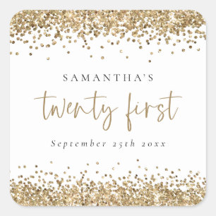 Trendy Gold Glitter Name Date 21e Vierkante Sticker