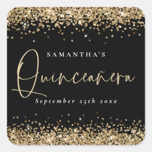 Trendy Gold Glitter Name Date Quinceañera black Vierkante Sticker