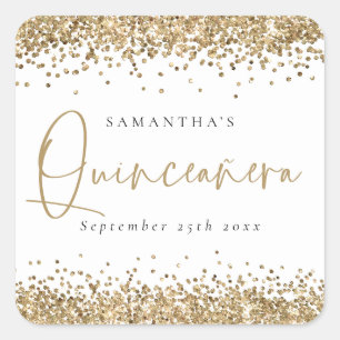 Trendy Gold Glitter Name Date Quinceañera Party Vierkante Sticker
