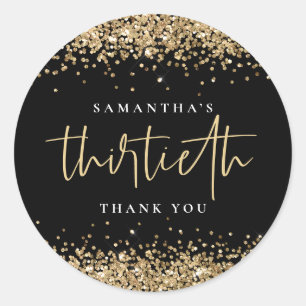 Trendy Gold Glitter Name Thirtieth Bedankt Black Ronde Sticker