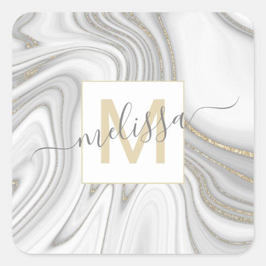 Trendy gold glitter sparkle marmer monogram vierkante sticker (Voorkant)