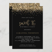 Trendy Gold Glitter Sweet 16 Birthday Black Kaart (Voorkant / Achterkant)