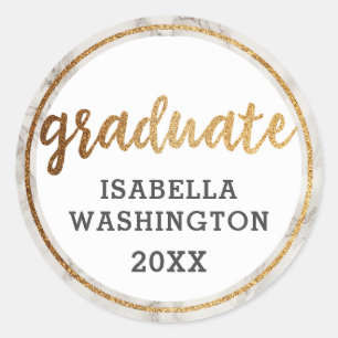 Trendy Gold Glitter & White Marble Afstuderen Ronde Sticker