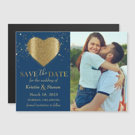 Trendy Gold Heart Photo Save the Date Magnet (Voorkant / Achterkant)
