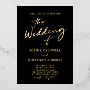 Trendy Gold-kalligrafie op Black Wedding Folie Uitnodiging