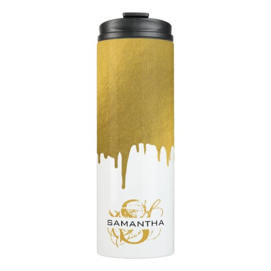 Trendy Gold Metallic Drivers Script Monogram Thermosbeker (Voorkant)