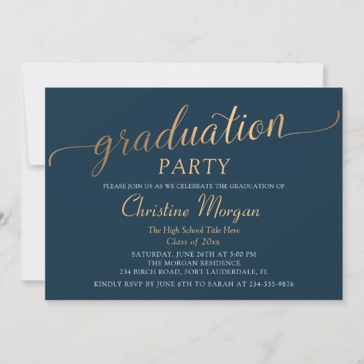 Trendy Gold Script Navy Blue Graduparty Kaart (Voorkant)