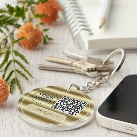 Trendy Gold Waves QR-code Uw Logo hier Sleutelhanger (Voorkant Rechts)