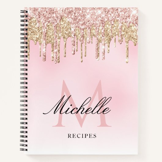 trendy goud en roze glinsterend monogram receptenb notitieboek (Voorkant)