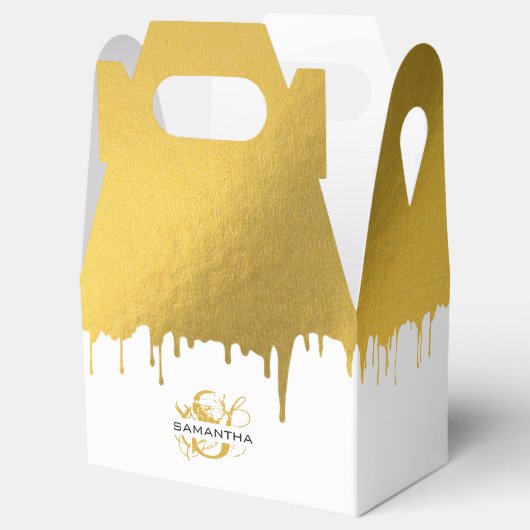 Trendy Gouden Metalen Druppels Script Monogram Bedankdoosjes (Geopend)