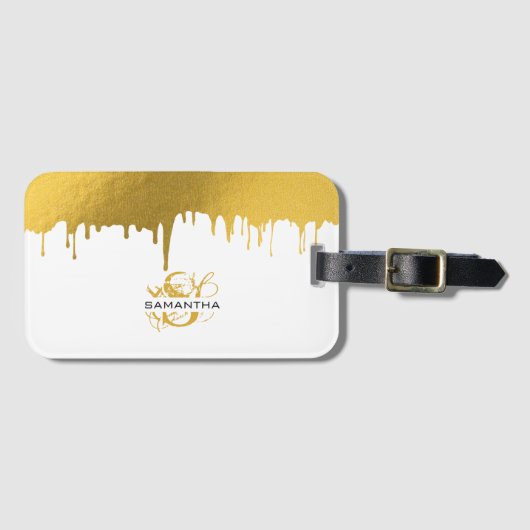 Trendy Gouden Metallic Druppels Monogram Bagagelabel (Voorkant (horizontaal))