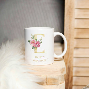 Trendy gouden Waterverf bloemletter E   Monogram Koffiemok