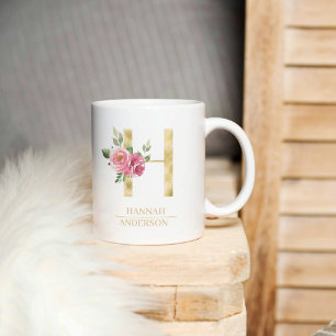 Trendy gouden Waterverf bloemletter H   Monogram Koffiemok