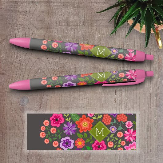 Trendy Gray Floral Pattern met Custom Monogram Zwarte Inkt Pen