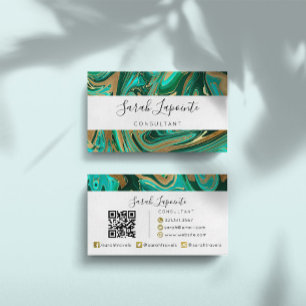 Trendy Green & Gold Liquid Marble QR code Visitekaartje