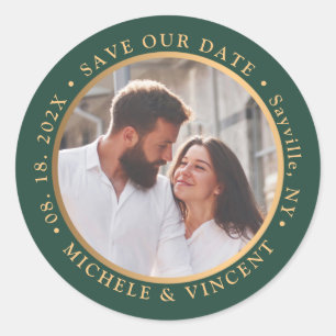 Trendy Green Gold Photo Save the Date Ronde Sticker
