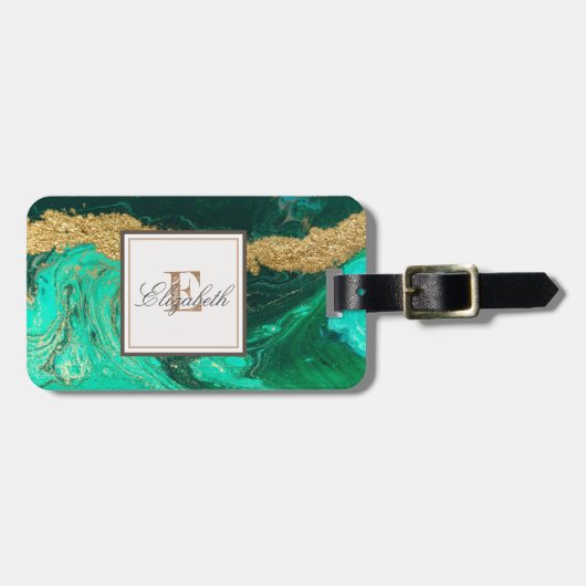 Trendy Green Gold Stone Marble Texture, Monogram Bagagelabel (Voorkant horizontaal)