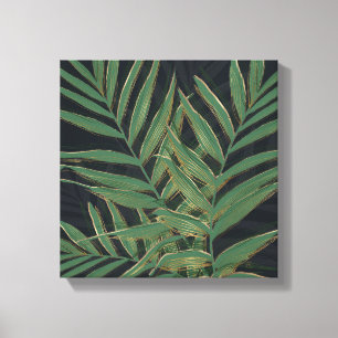Trendy Green Palm laat gouden strepen grijs design Canvas Afdruk