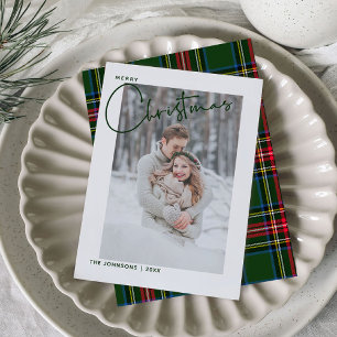 Trendy Green Plaid Vrolijk Kerstscript Foto Feestdagenkaart