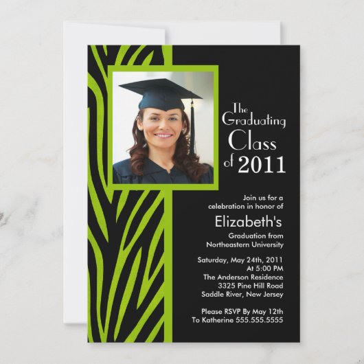 Trendy Green Zebra Photo Afstuderen Invitation Kaart (Voorkant)