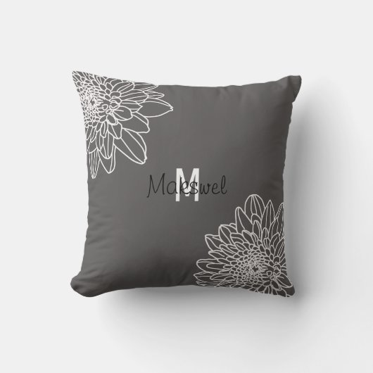 Trendy Grey met witte bloemen en naam Pillow Kussen (Voorkant)