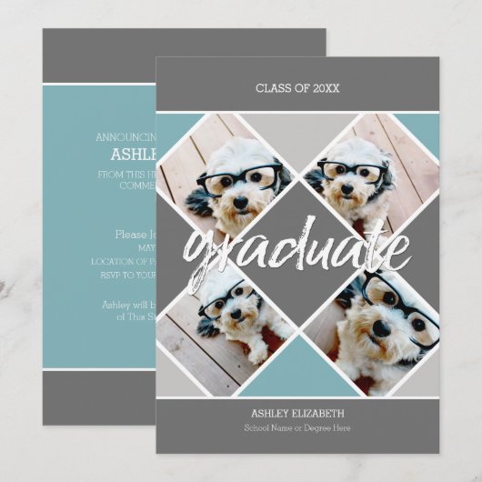Trendy grijs blauw Afstuderen Fotoaankondiging Kaart (Voorkant / Achterkant)