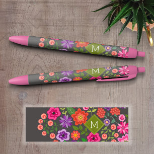 Trendy Grijs BloemenPatroon met het Monogram van Zwarte Inkt Pen