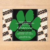 Trendy groen & zwart Afstuderen Pawprint Clear Acryl Uitnodigingen (Voorkant)