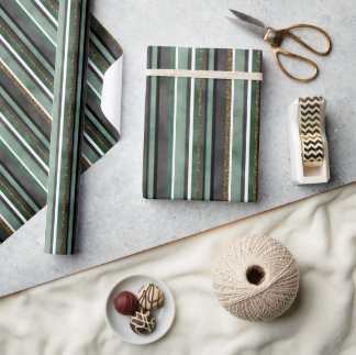 Trendy Groene Streep & Gouden Glitter Kerst Yule Cadeaupapier