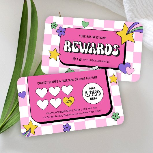 Trendy Groovy Logo Retro Pink Lashes nagels salon Klantenkaartje