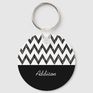 Trendy Hand Drawn Black and White Chevron and Name Sleutelhanger