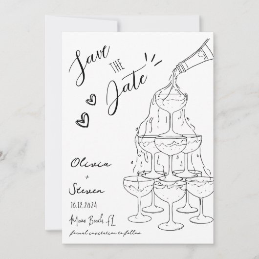 Trendy Hand getrokken Champagne Tower Save the Dat Kaart (Voorkant)
