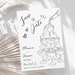 Trendy Hand getrokken Champagne Tower Save the Dat Kaart