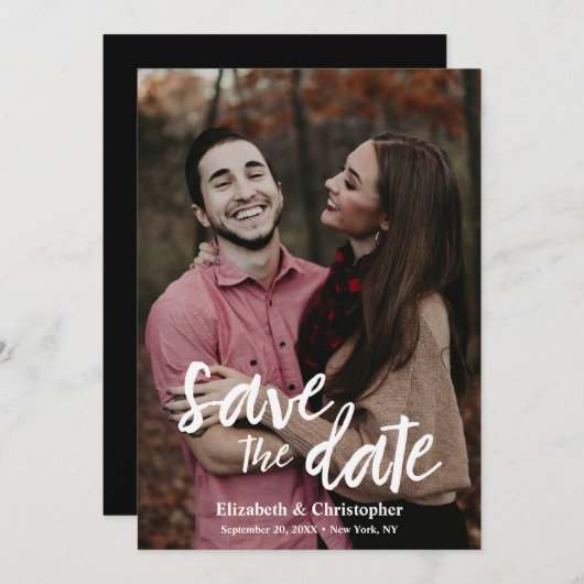 Trendy Handlettering script verloving foto Save The Date (Voorkant / Achterkant)