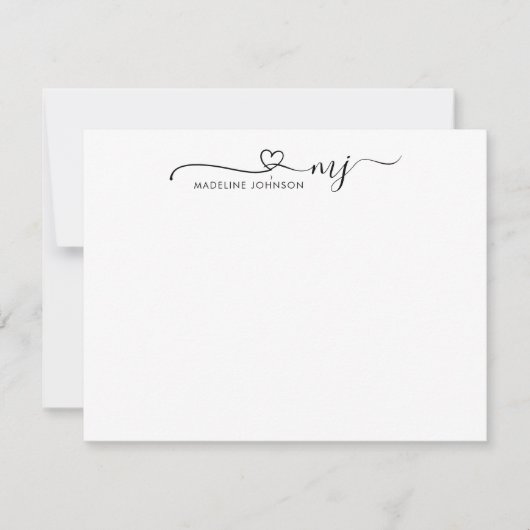 Trendy Heart Script Initiaal Monogram Basisnaam Notitiekaartje (Voorkant)