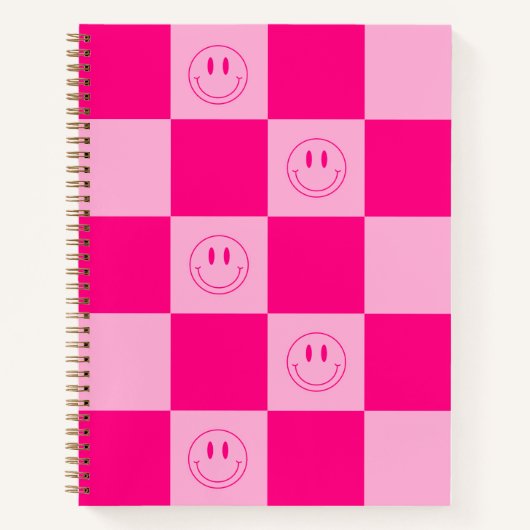 Trendy Heet Roze Geruit & Gelukkige Glimlach Notitieboek (Voorkant)