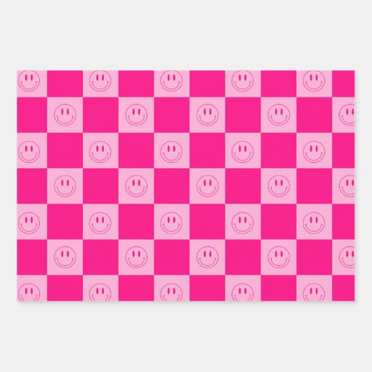 Trendy Heet Roze Geruit & Groovy Happy Smile Inpakpapier Vel (Voorkant)