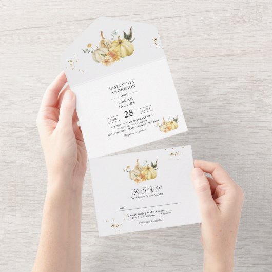 Trendy Herfst Aquarel Pompoen & Bloemen All In One Uitnodiging (Afscheurbaar)