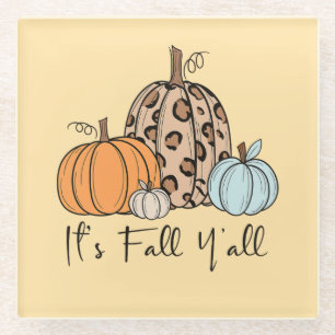 Trendy Herfst Pompoen “It’s Fall Y’all” Quote Glazen Onderzetter