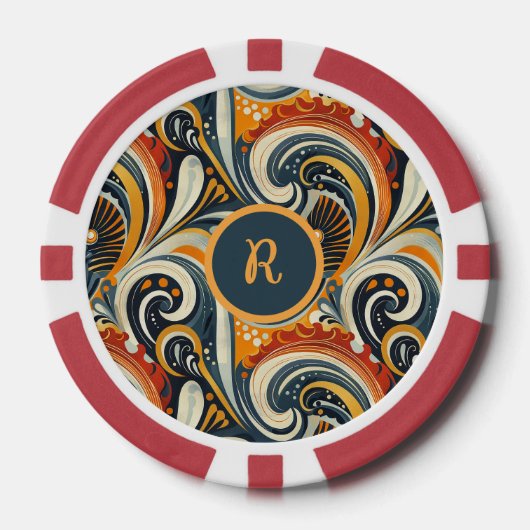 Trendy Hip Retro Orange Deep Teal Swirls Monogram Poker Chips (Voorkant)