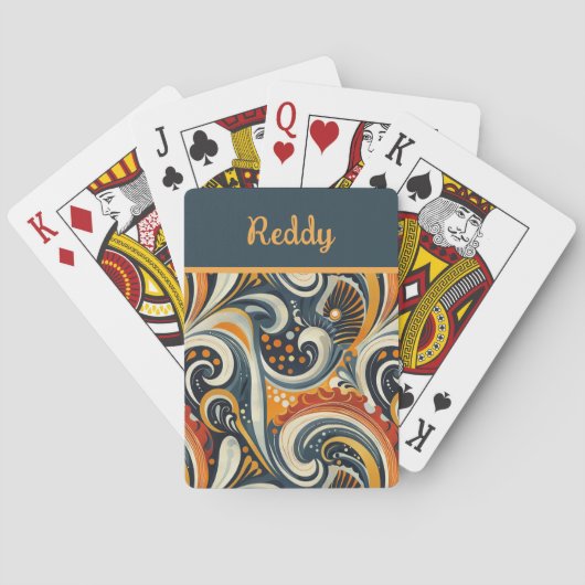Trendy Hip Retro Orange Deep Teal Swirls Monogram  Pokerkaarten (Achterkant)