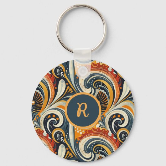Trendy Hip Retro Orange Deep Teal Swirls Monogram  Sleutelhanger (Voorkant)