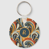 Trendy Hip Retro Orange Deep Teal Swirls Monogram  Sleutelhanger (Achterkant)