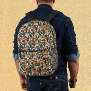 Trendy Hip Retro Oranje Diep Teal Wervelingen Mono Bedrukte Rugzak