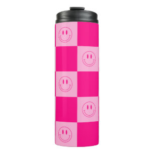 Trendy Hot Pink Checkered Schattige Happy Smiling  Thermosbeker