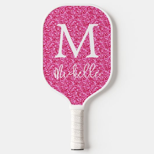 Trendy Hot Pink Glitter Monogram Initiaal Naam Pickleball Paddle (Voorkant)